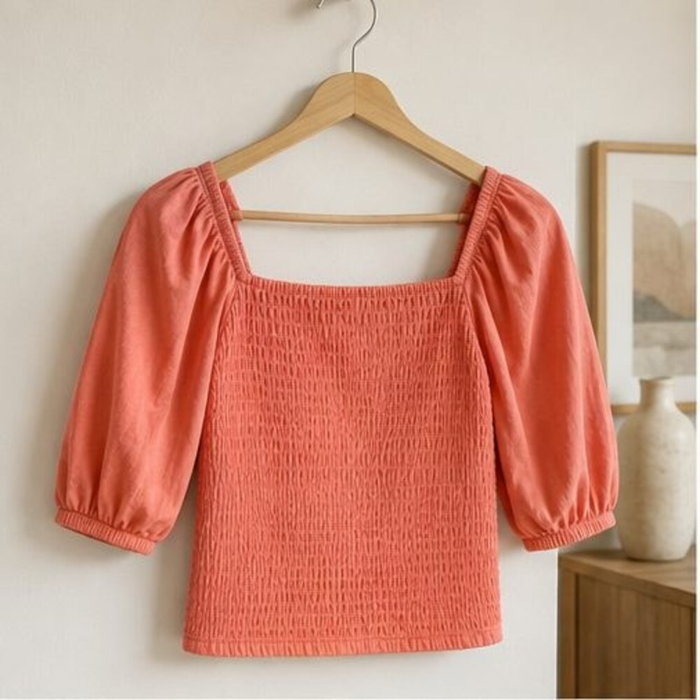 Coral Smocked Puff Sleeve Top